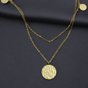 Çelik Gold Renk Desenli Oval Model Çift Zincir Tasarımlı Kadın Kolye - Görsel 1