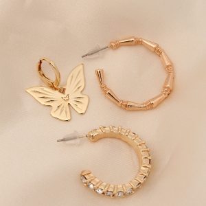 Altın Renkli Metal Zirkon Taşlı Kelebek Model Yarım Halka Küpe Seti - Görsel 1