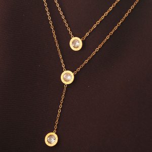Çelik Altın Renk Taşlı Oval Model Çift Zincir Kolye - Görsel 1