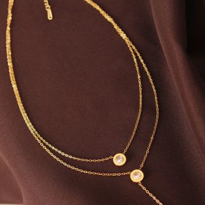 Çelik Altın Renk Taşlı Oval Model Çift Zincir Kolye - Görsel 2