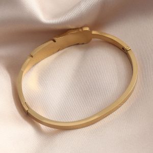 Gold Renk Yaprak Model Zirkon Taş Detay Kelepçe Kadın Bileklik - Görsel 2