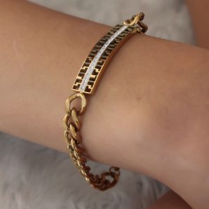 Çelik Gold Renk Zincir Model Zirkon Taşlı Kadın Bileklik - Görsel 2