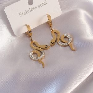 Çelik Gold Renk Yılan Figür Zirkon Taşlı Kadın Küpe - Görsel 1