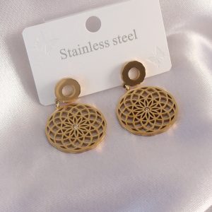 Çelik Gold Renk Lotus Çiçek Zirkon Taş Detay Kadın Küpe - Görsel 1