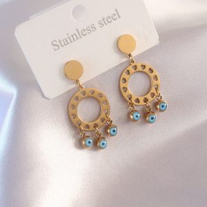 Çelik Gold Renk Daire Model Nazar Boncuk Detay Kadın Küpe - Görsel 1