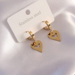Çelik Gold Renk Kalp Model Kelebek Detay Kadın Küpe - Görsel 1