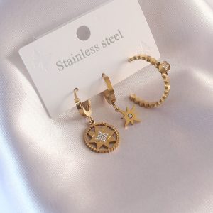 Çelik Gold Renk Kutup Yıldızı Figür Zirkon Taşlı Kadın Küpe Seti - Görsel 1