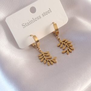 Çelik Gold Renk Yaprak Figür Kadın Küpe - Görsel 1