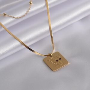 316L Çelik Gold Renk İtalyan Zincir 'You & Me' İşleme Kadın Kolye - Görsel 1