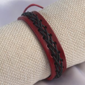 Bordo Renk Siyah İpli Deri Erkek Bileklik - Görsel 1