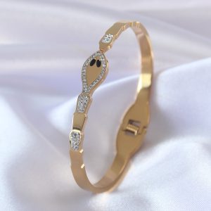 316L Çelik Gold Renk Yılan Model Zirkon Taş Detay Kadın Kelepçe - Görsel 1