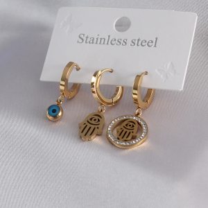 316L Çelik Gold Renk Fatma Ana El Model Zirkon Taş Detay Kadın Küpe Kombini - Görsel 1