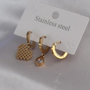 316L Çelik Gold Renk Kalp Model Zirkon Taş Detay Kadın Küpe Kombini - Görsel 1