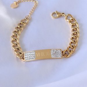 316L Çelik Gold Renk Zincir Model İşleme Detay Zirkon Taşlı Kadın Bileklik - Görsel 1
