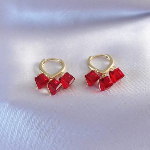 Gold Renk Kırmızı Renk Kristal Taşlı Kadın Küpe - Görsel 1
