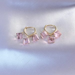 Gold Renk Pembe Kristal Taşlı Kadın Küpe - Görsel 1