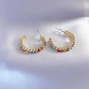 Gold Renk Yarım Halka Model Renkli Kristal Taşlı Kadın Küpe - Görsel 1