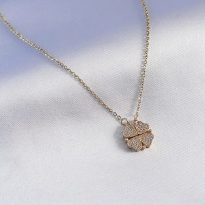 316L Çelik Gold Renk Açılır Zirkon Taşlı Yonca Model Kadın Kolye - Görsel 2