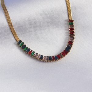 316L Çelik Gold Renk İtalyan Zincir Model Renkli Zirkon Taşlı Kadın Kolye - Görsel 1