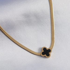316L Çelik Gold Renk İtalyan Zincir Model Siyah Çiçek Figür Kadın Kolye - Görsel 1
