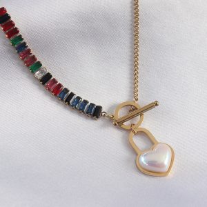 316L Çelik Gold Renk 2'li Zirkon Taşlı Kilit Kalp Figür Kadın Kolye - Görsel 1