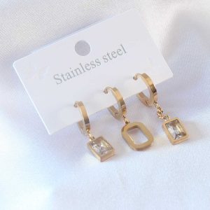 316L Çelik Gold Renk Kare Zirkon Taş Model Kadın Küpe - Görsel 1