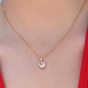 316L Çelik Gold Renk Kristal Kalp Figür Kadın Kolye - Görsel 1