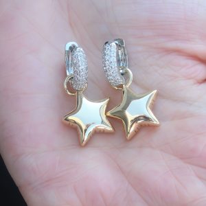 Gold Renk Zirkon Taşlı Halka Yıldız Figür Pirinç Kadın Küpe - Görsel 2