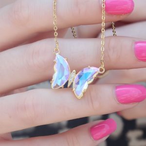 316L Çelik Gold Renk Kristal Kelebek Model Kadın Kolye - Görsel 1