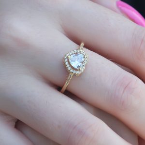 Gold Renk Zirkon Taşlı Kalp Model Charm Pirinç Kadın Yüzük - Görsel 2