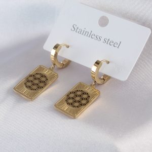 316L Çelik Gold Renk Lotus İşleme Kadın Küpe - Görsel 1