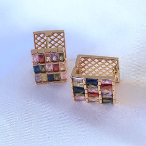 Gold Renk Kare Model Renkli Zirkon Taşlı Pirinç Kadın Küpe - Görsel 1