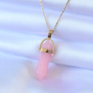 316L Çelik Gold Renk Kristal Pembe Taş Model Kadın kolye - Görsel 1