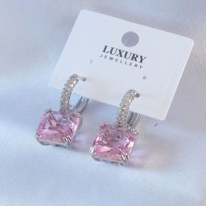 VIP Seri Gold Renk Zirkon Kare Pembe Zirkon Taşlı Kadın Küpe - Görsel 1