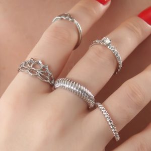 Gümüş Renk Lotus Figür Zirkon Taşlı Sarmal Model Bayan Yüzük Kombin - Görsel 1