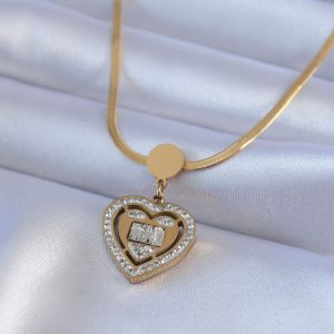 316L Çelik Gold Renk İtalyan Zincir Model Zirkon Taşlı Kalp Model Kadın Kolye - Görsel 1