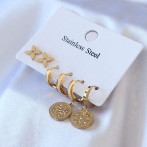 316L Çelik Gold Renk Zirkon Taş Detay Çiçek İşleme Kadın Küpe Seti - Görsel 1