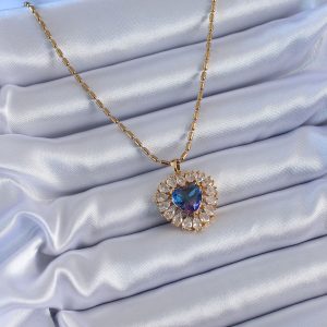 316L Çelik Gold Renk Zirkon Taşlı Kristal Mor Kalp Model Kadın Kolye - Görsel 2
