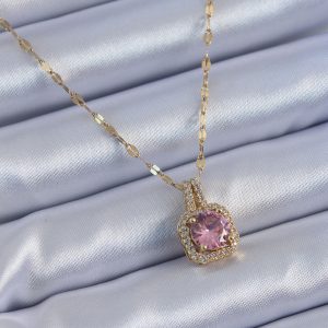 316L Çelik Gold Renk Pembe Zirkon Taş Model Kadın Kolye - Görsel 1