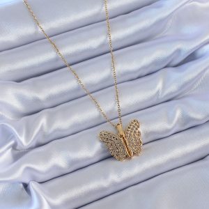 316L Çelik Gold Renk Zirkon Taşlı Kelebek Model Kadın Kolye - Görsel 3
