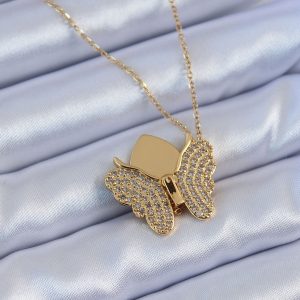 316L Çelik Gold Renk Zirkon Taşlı Kelebek Model Kadın Kolye - Görsel 2