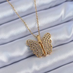 316L Çelik Gold Renk Zirkon Taşlı Kelebek Model Kadın Kolye - Görsel 1
