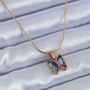 316L Çelik Gold Renk Mor Kristal Taşlı Kelebek Model Kadın Kolye - Görsel 1