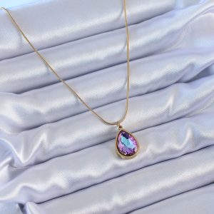 316L Çelik Gold Renk Damla Kristal Taş Model Kadın Kolye - Görsel 2
