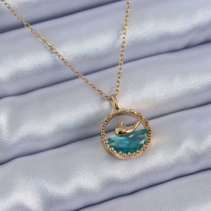 316L Çelik Gold Renk Balina Figür Kristal Taşlı Kadın Kolye - Görsel 1