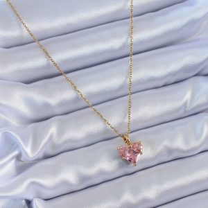 316L Çelik Gold Renk Kristal Kalp Model Kadın Kolye - Görsel 2