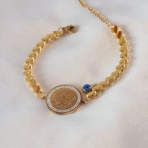 316L Çelik Gold Renk Arpa Zincir Model Osmanlı Tuğra İşleme Zirkon Taş Detay Kadın Bileklik - Görsel 1