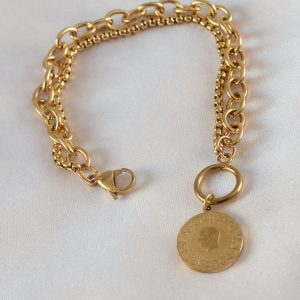 316L Çelik Gold Renk 2'li Zincir Model Çeyrek Altınlı Kadın Bileklik - Görsel 1