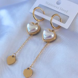 316L Çelik Gold Renk Kare İncili Sallantı Model Kadın Küpe - Görsel 1