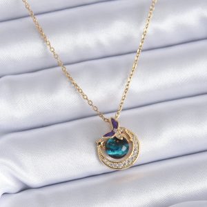 316L Çelik Gold Renk Zirkon Taşlı Hilal Gezegen Model Kadın Kolye - Görsel 1